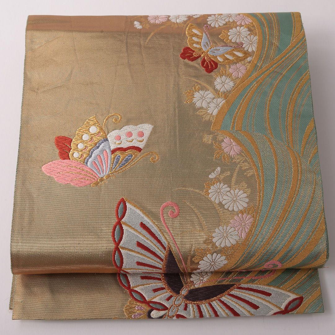 特価！振袖用 袋帯 帯丈428cm 正絹 六通 帯端のみ未仕立て 蝶 吉祥文様 金系 1243-01808