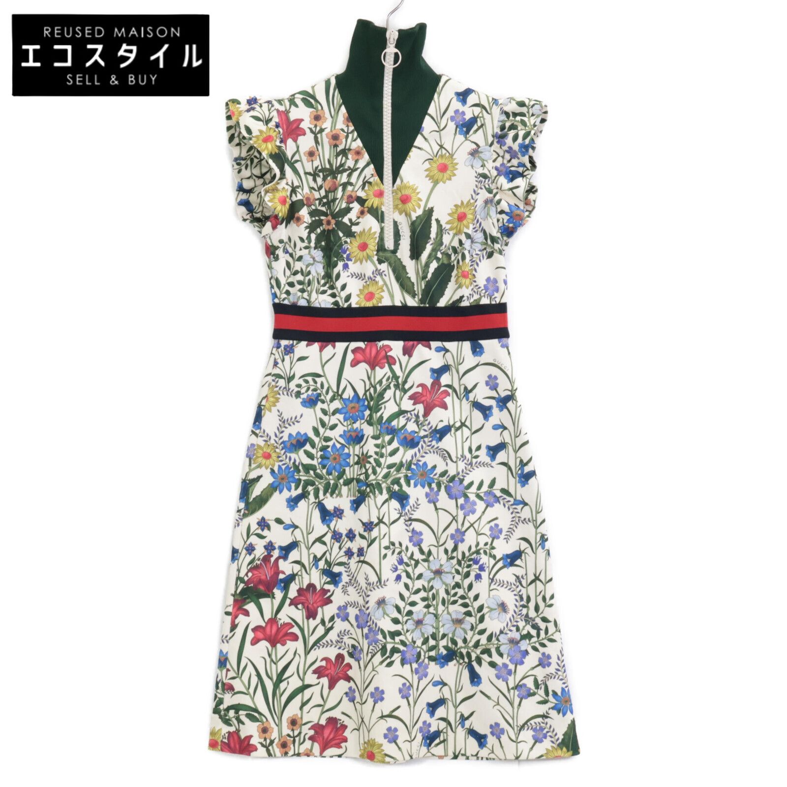 GUCCI　グッチ　479538 17AW ホワイト フラワープリントフリルスリーブジャージーワンピース　XS