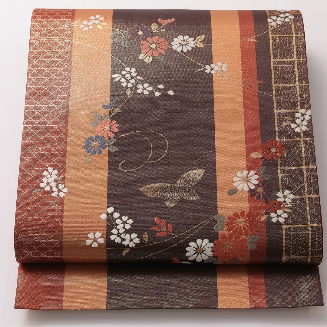 特価！袋帯 帯丈444cm 正絹 六通 セミフォーマル 蝶 桜 多色系 1243-01861
