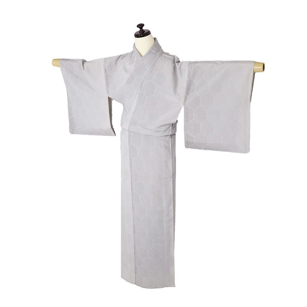 正絹 オフホワイト×グレー 紬小紋 単品 単衣 塩沢紬 正絹 グレー暈し 亀甲文 Sサイズ ki32212 未使用品 ひとえ