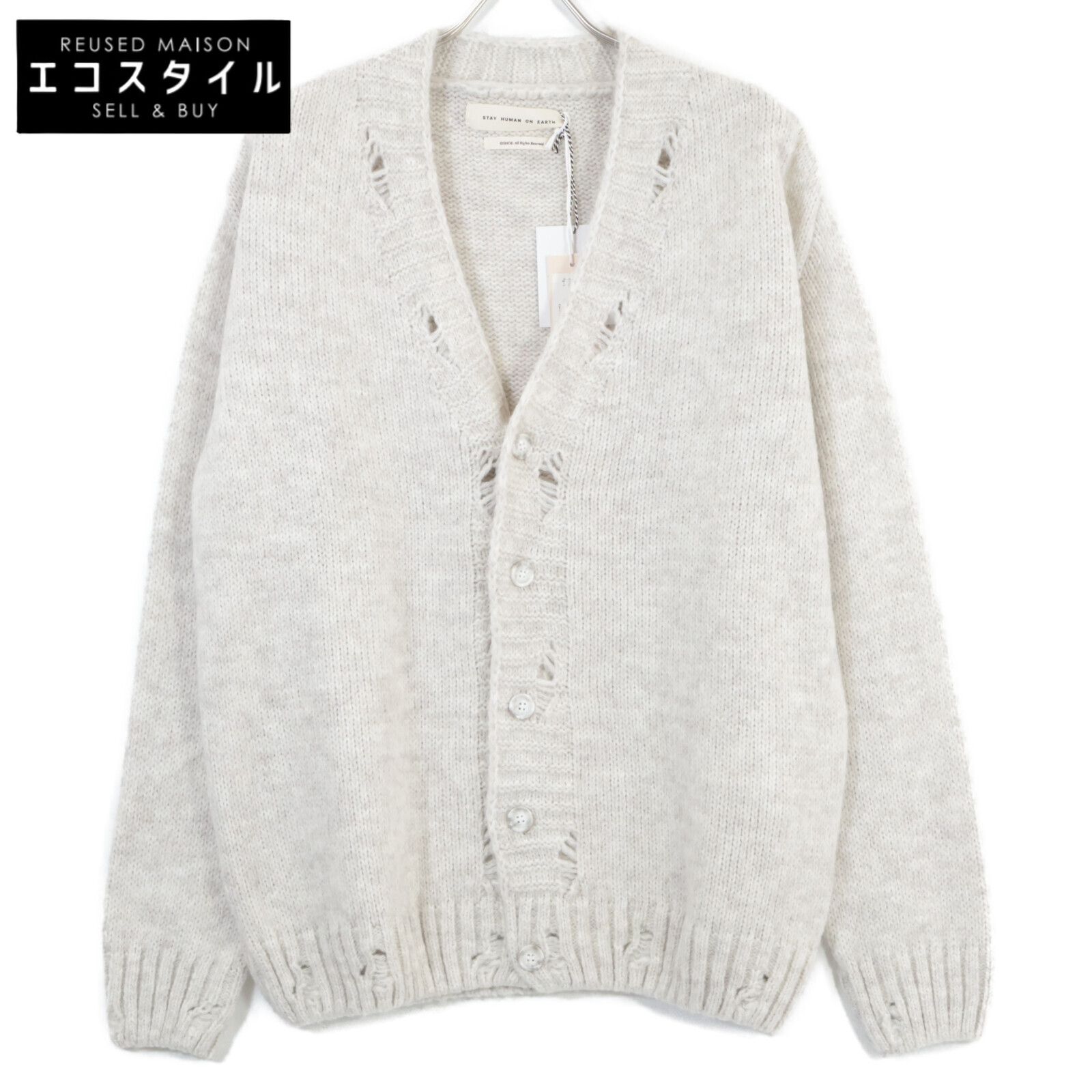 StayHumanOnEarth　StayHumanOnEarth　ホワイト DESTROYED CARDIGAN カーディガン　L