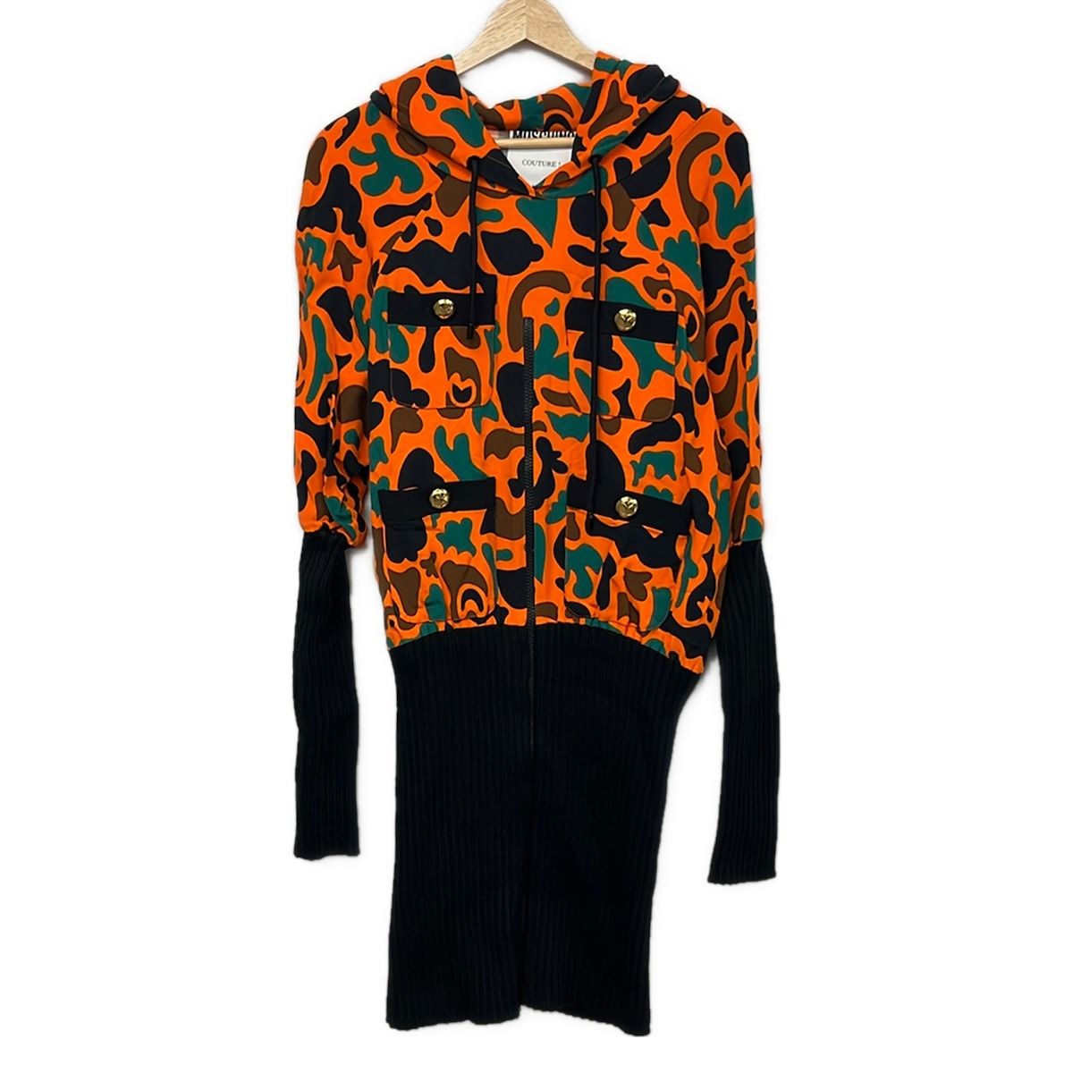 MOSCHINO(モスキーノ) ワンピース サイズI 42 レディース美品 - 黒×オレンジ×マルチ 長袖/ロング
