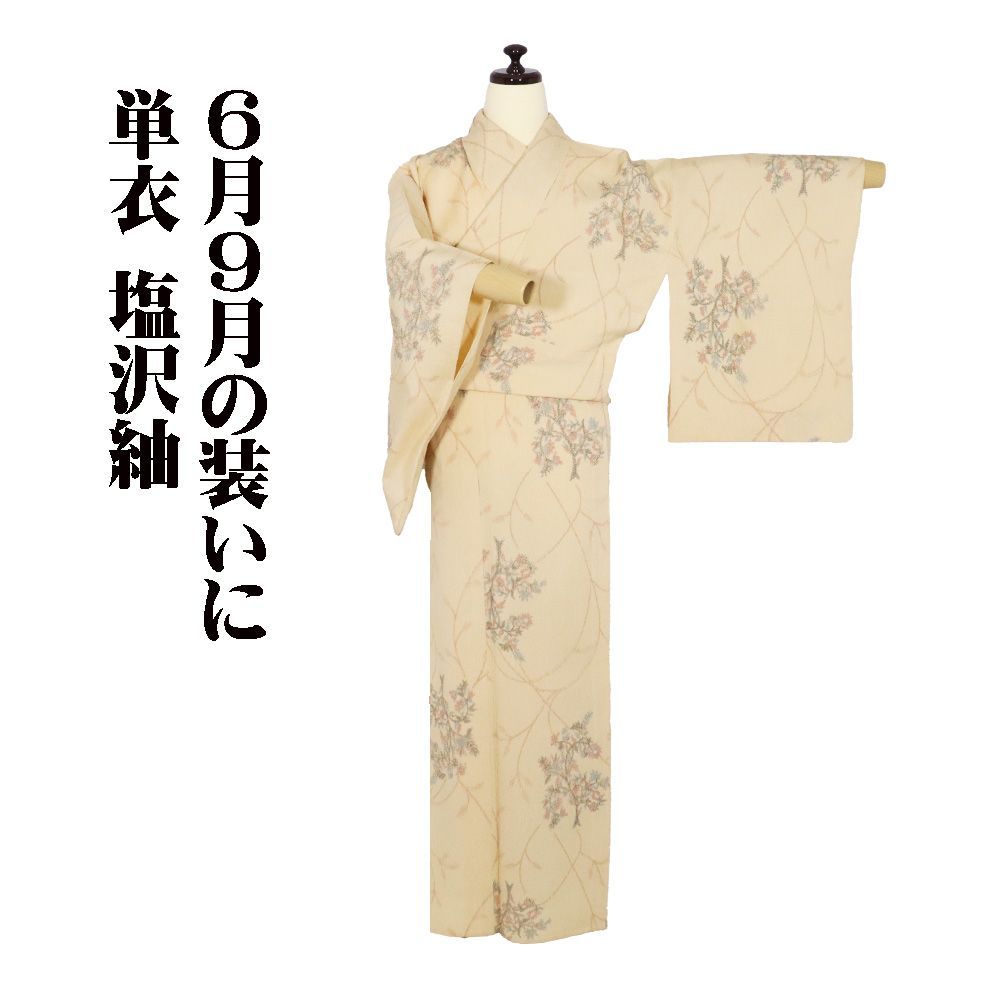 B5◆着物くつろぎ 単衣 塩沢紬 蝶々 ベージュ 紬 正絹 小紋 着物 単衣 塩沢紬 正絹 ベージュ 花柄 Mサイズ ki32221 美品 ひとえ 夏着物