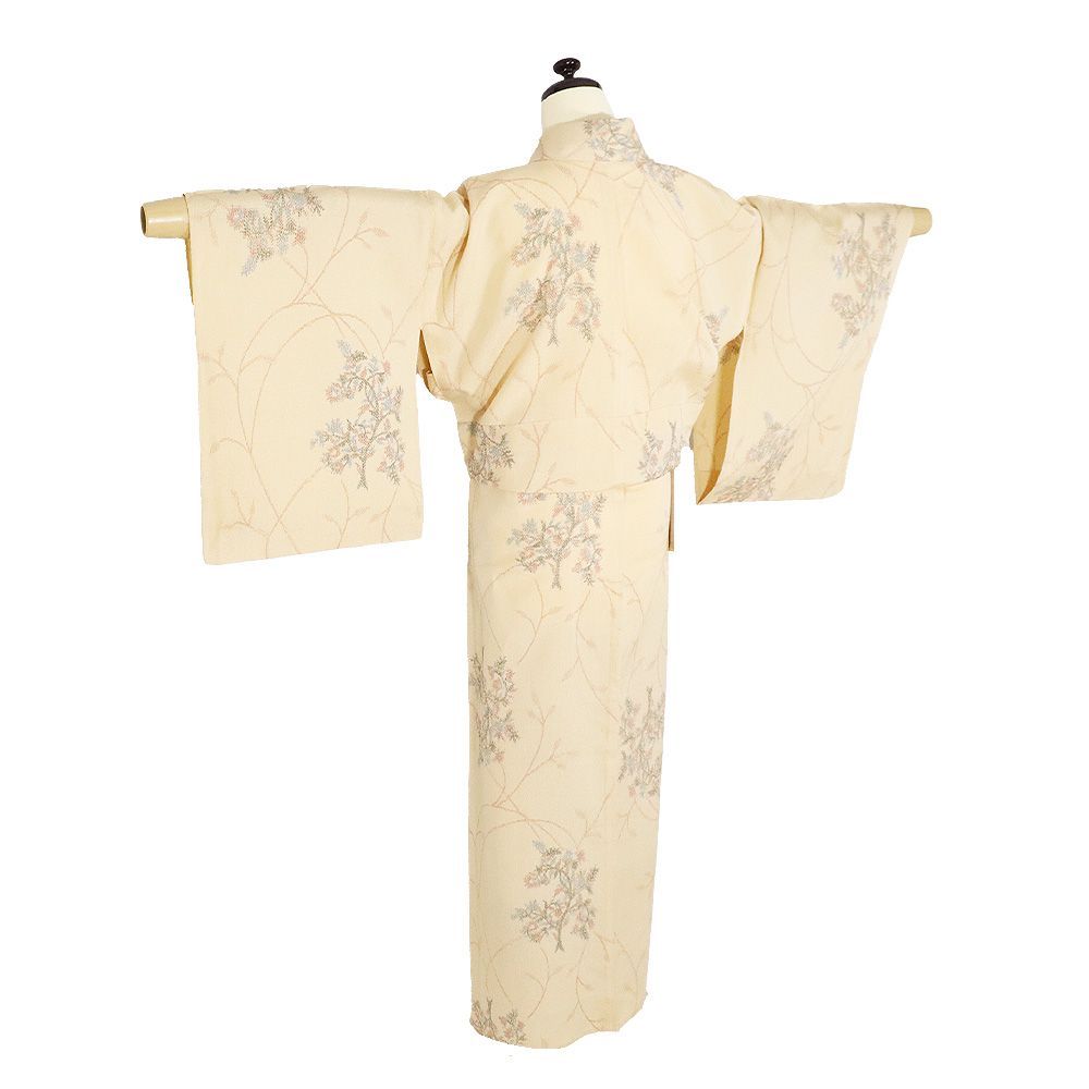 単衣 塩沢紬 正絹 ベージュ 花柄 Mサイズ ki32221 美品 ひとえ 夏着物