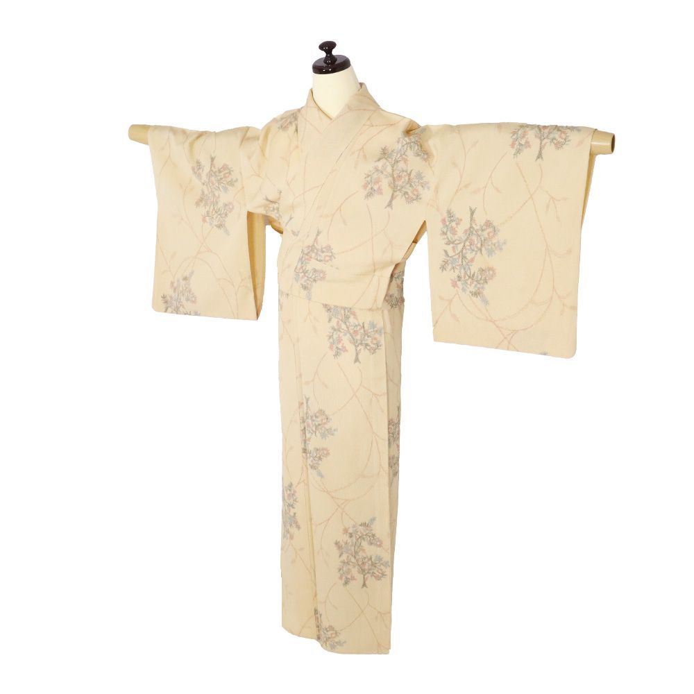 単衣 塩沢紬 正絹 ベージュ 花柄 Mサイズ ki32221 美品 ひとえ 夏着物