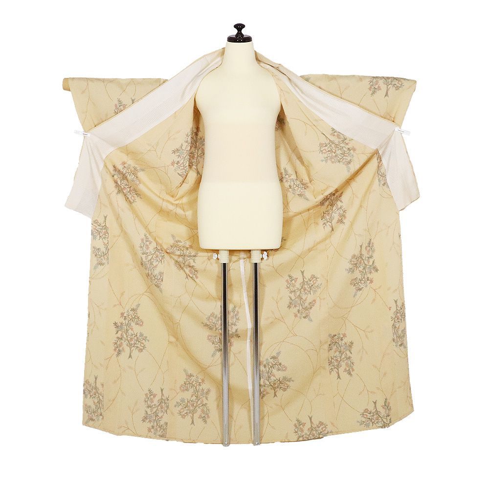 単衣 塩沢紬 正絹 ベージュ 花柄 Mサイズ ki32221 美品 ひとえ 夏着物