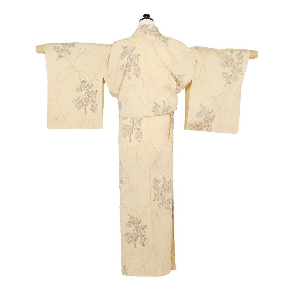 単衣 塩沢紬 正絹 ベージュ 花柄 Mサイズ ki32221 美品 ひとえ 夏着物
