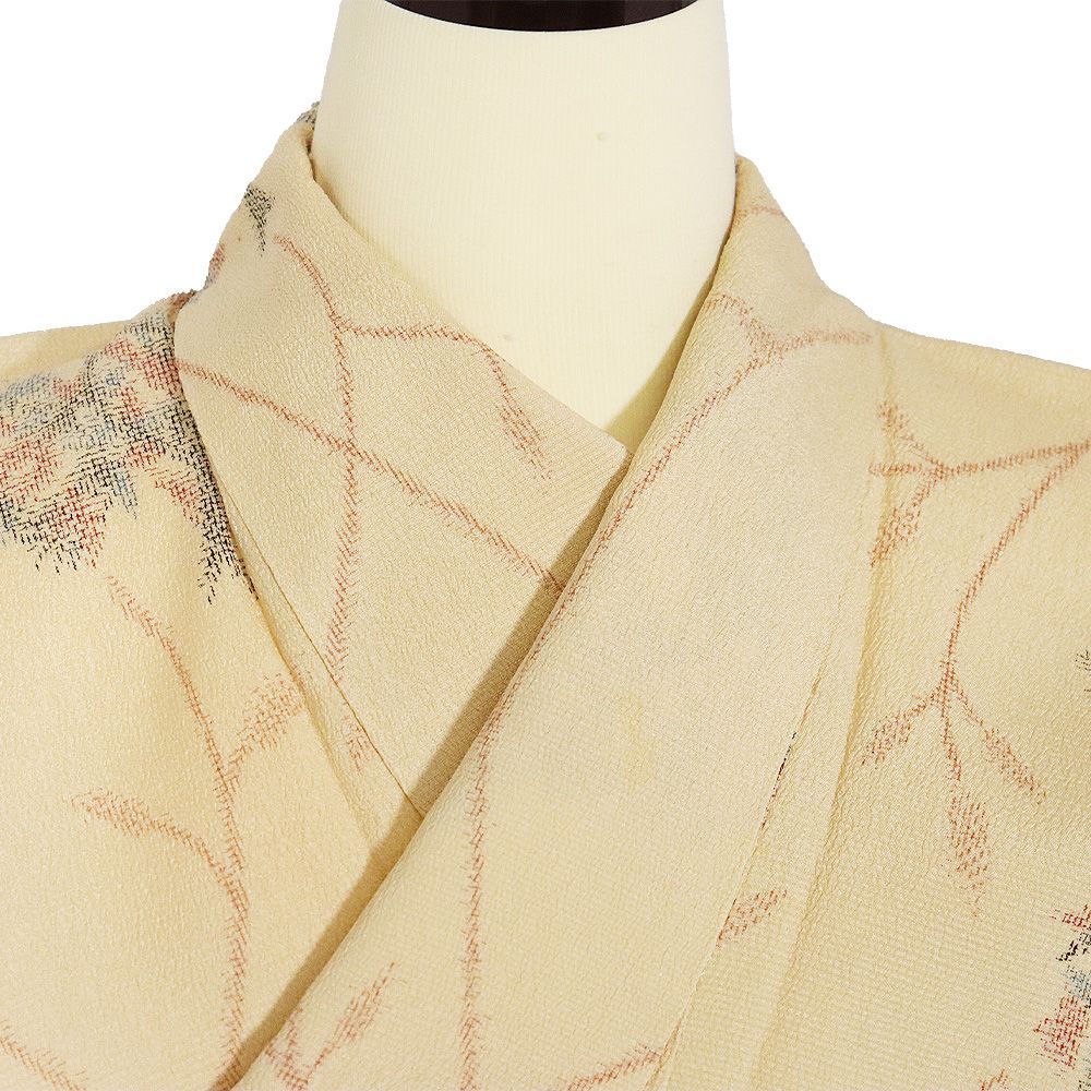 単衣 塩沢紬 正絹 ベージュ 花柄 Mサイズ ki32221 美品 ひとえ 夏着物