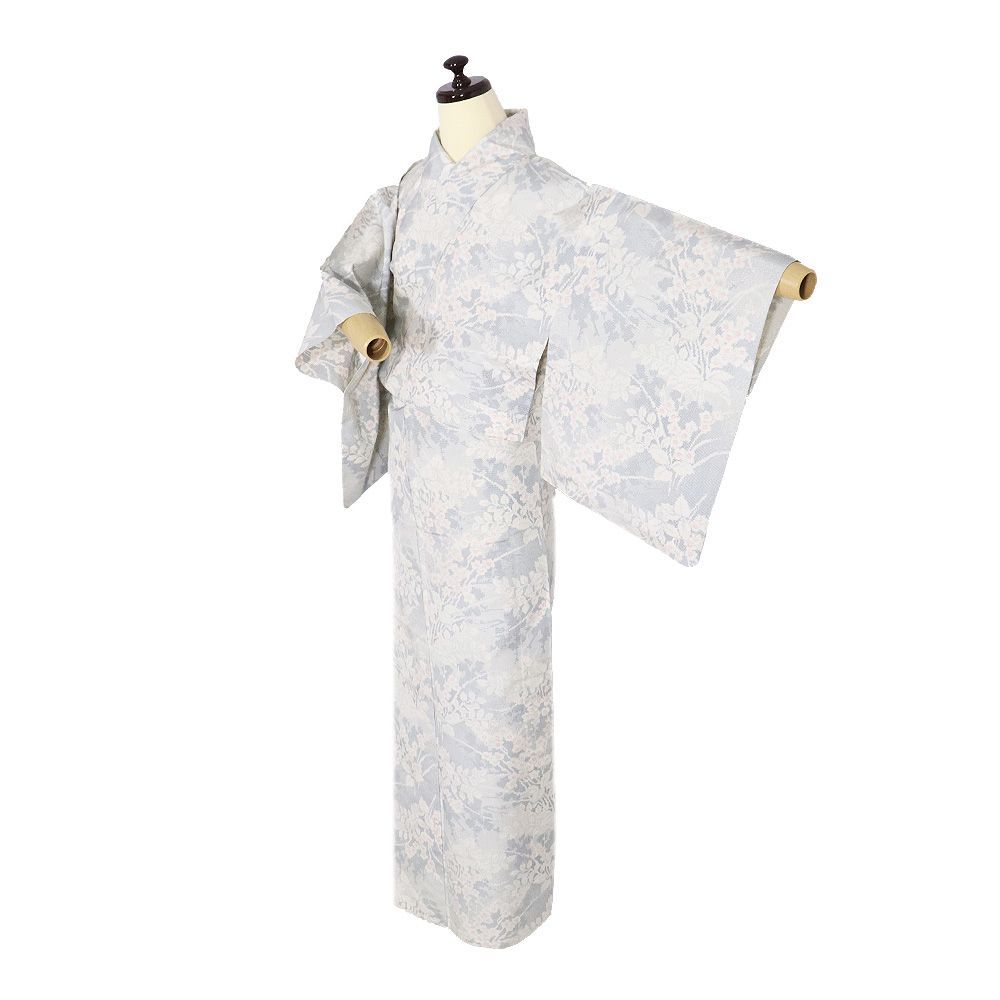 単衣 紬 正絹 グレー 薄グレー 白 草花 Sサイズ ki32236 美品 ひとえ