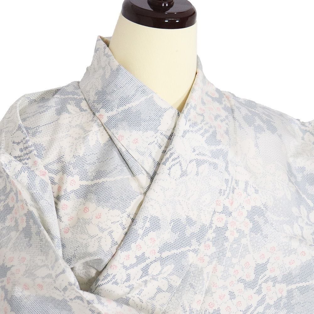 単衣 紬 正絹 グレー 薄グレー 白 草花 Sサイズ ki32236 美品 ひとえ