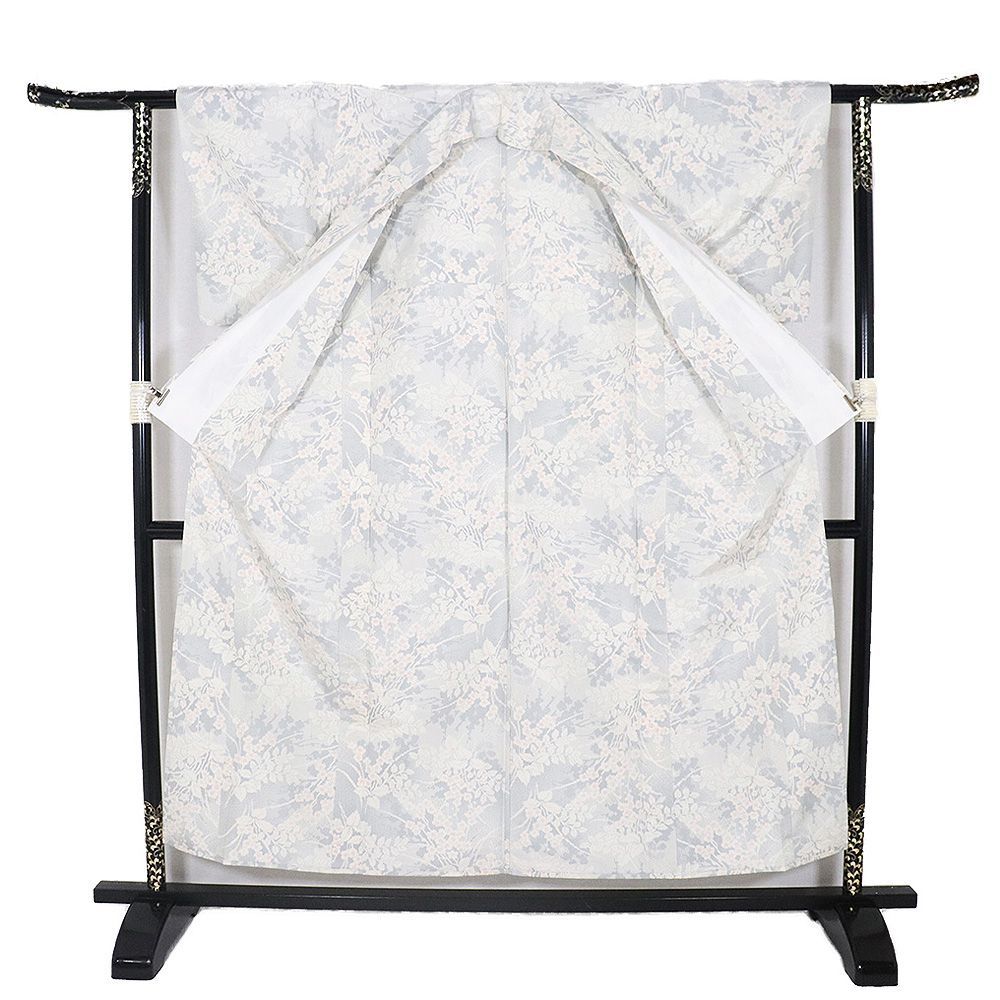 単衣 紬 正絹 グレー 薄グレー 白 草花 Sサイズ ki32236 美品 ひとえ