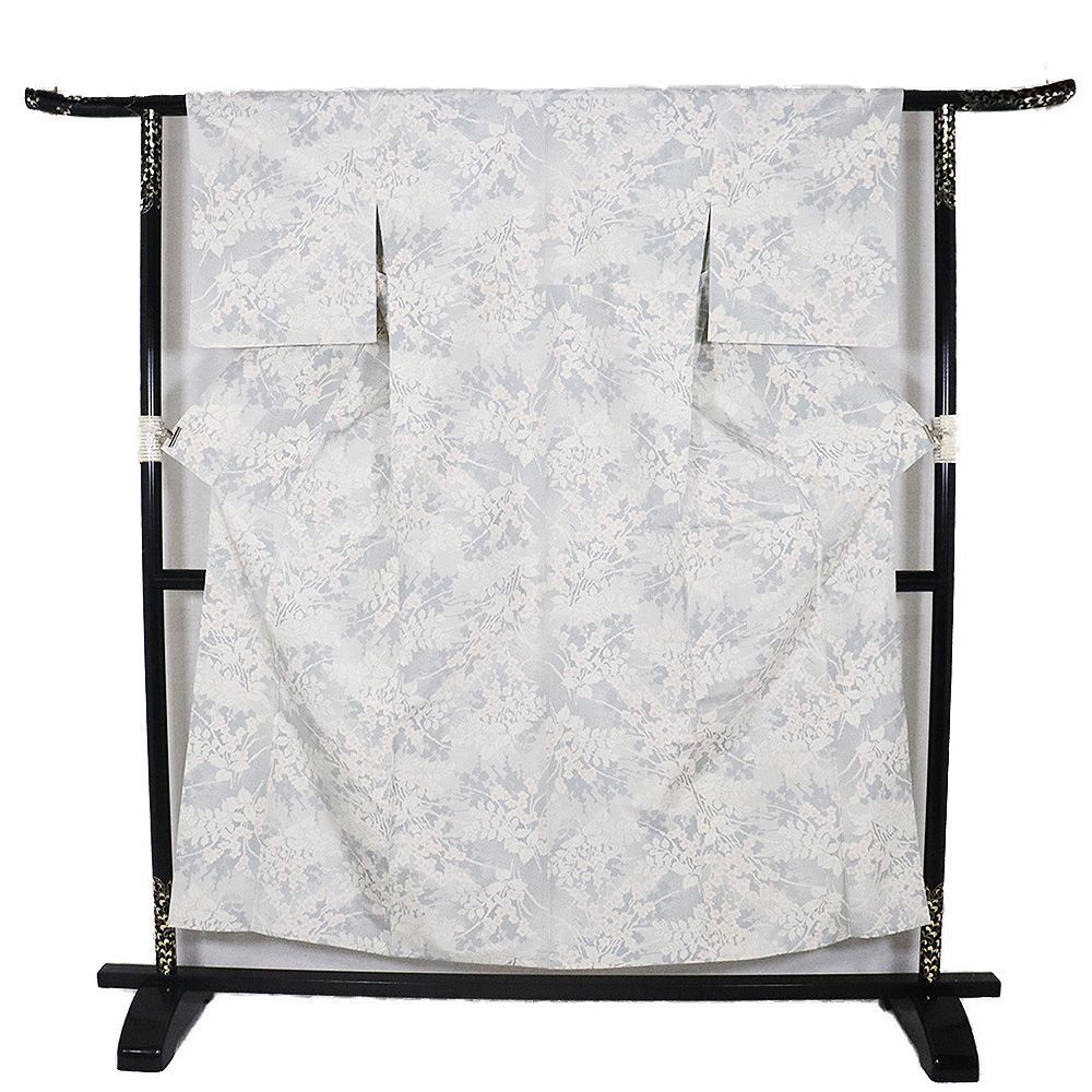 単衣 紬 正絹 グレー 薄グレー 白 草花 Sサイズ ki32236 美品 ひとえ