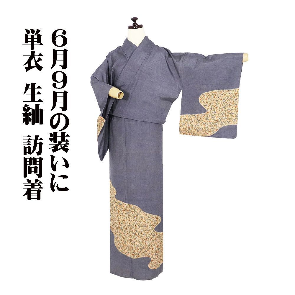 単衣 生紬 訪問着 正絹 グレー紫 暈し いろはにほへと Sサイズ ki32223 送料込み