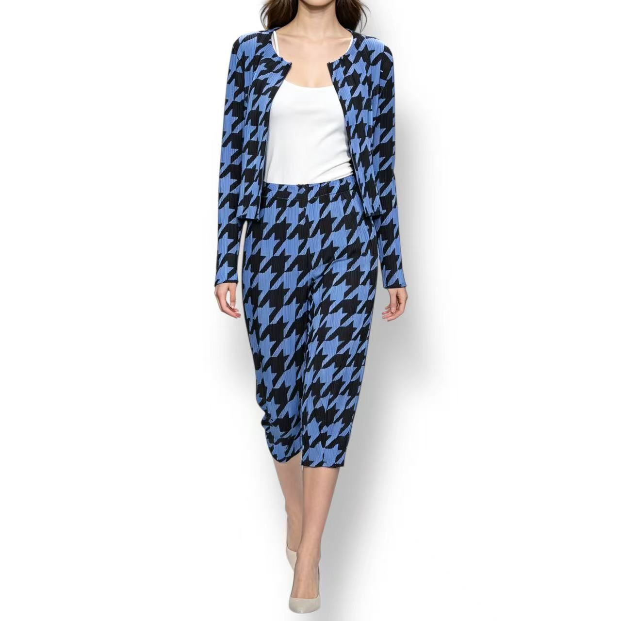 極美品 ISSEY MIYAKE イッセイミヤケ PLEATS PLEASE プリーツプリーズ セットアップ カーディガン パンツ 千鳥格子柄 ブルー サイズ3