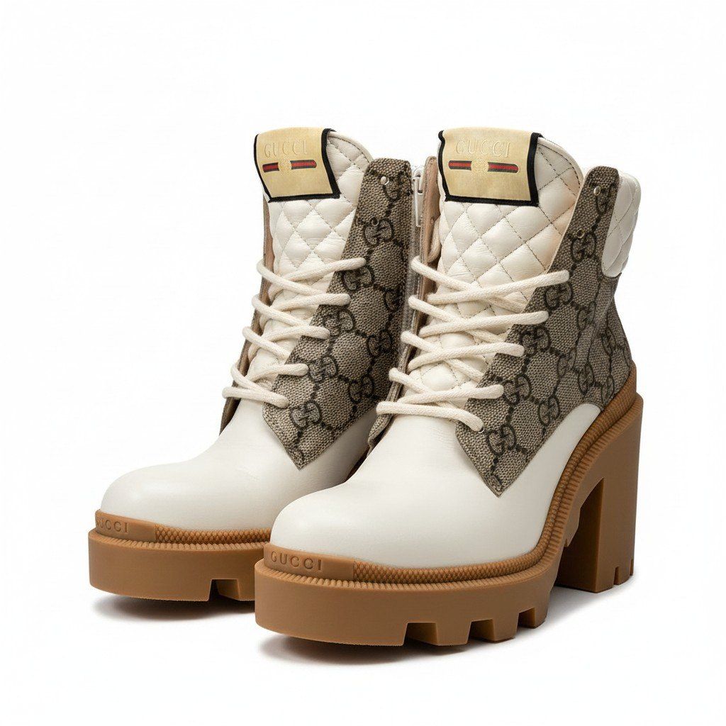e26《美品》 GUCCI グッチ GGスプリーム アンクルブーツ GG Monogram Ankle Boots サイズ35 1/2 ホワイト レザー シューズt18r