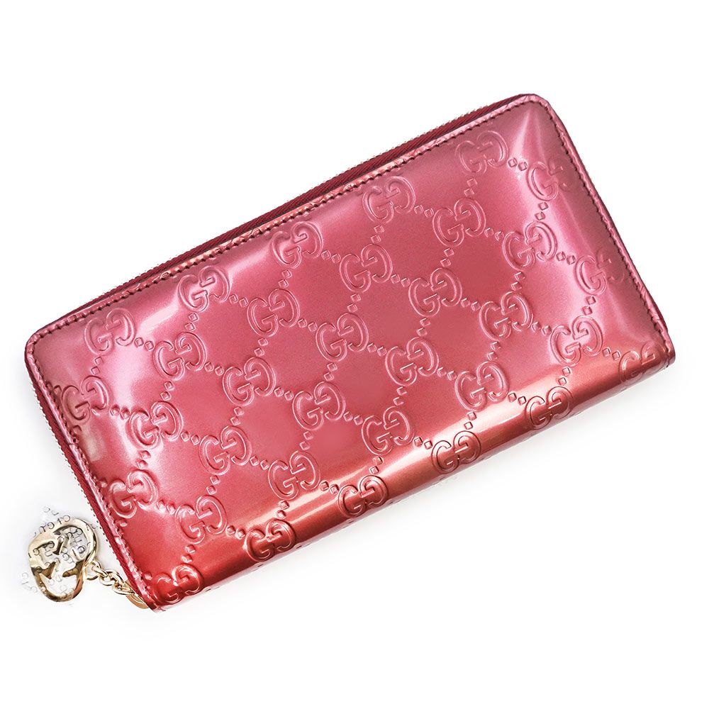 グッチ 308005 ラブリー ハート シャイニーレザー メタリックピンク ラウンドファスナー 長財布 ゴールド金具 GUCCI（未使用　展示品）