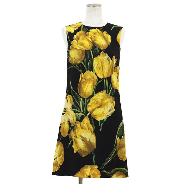 【美品】DOLCE&GABBANA ドルチェアンドガッバーナ ワンピース サイズ 38 レディース チューリップ ノースリーブ ひざ丈 ドレス イエロー ブラック 黒 黄 イタリア製