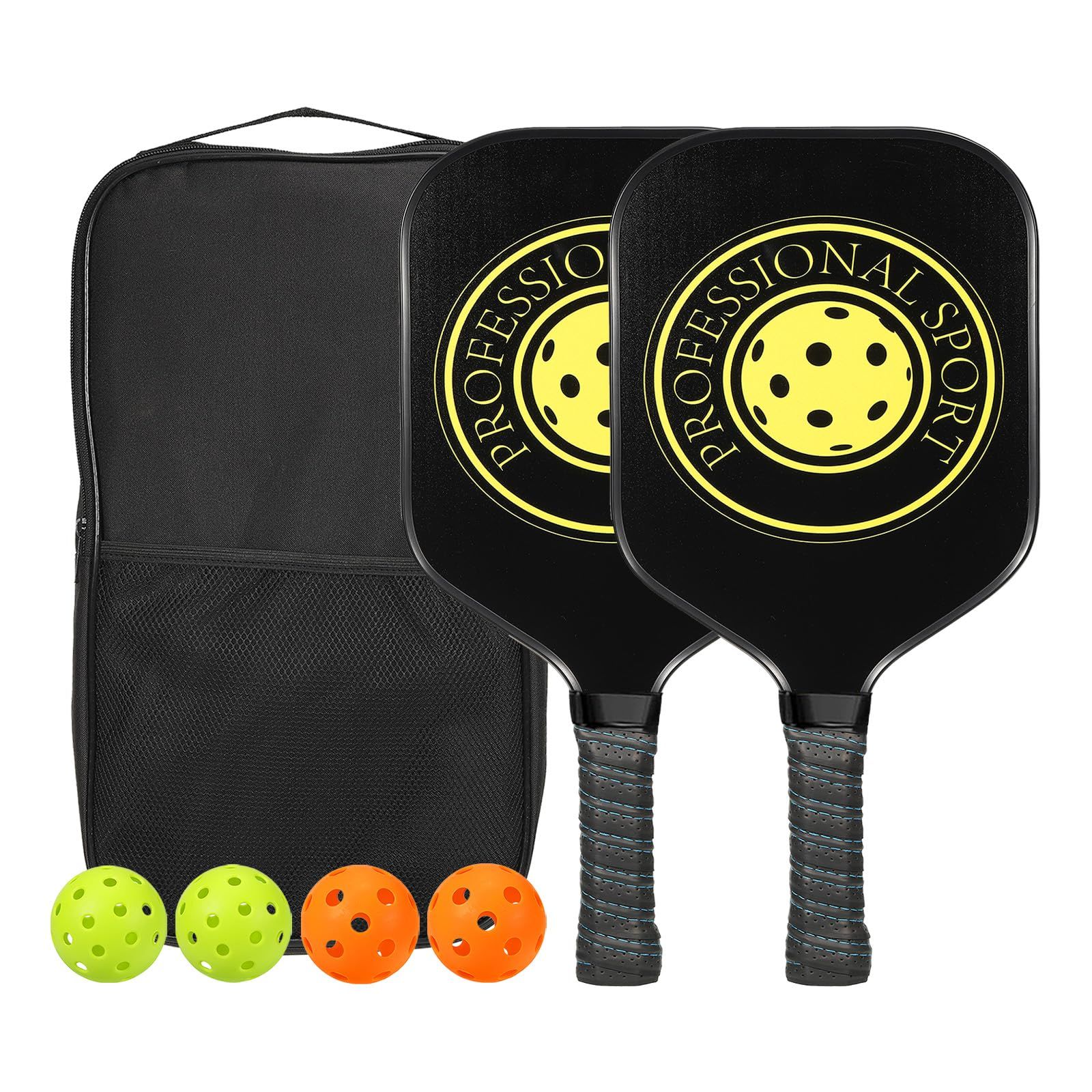 新品 PATIKIL ピックルボールパドル 2セット 米国ピックルボール承認済み 複合グラファイトカーボン グラスファイバーフェイスピックルボールパドル 滑りにくい 吸汗グリップ 4ピックルボール ポータブルバッグ