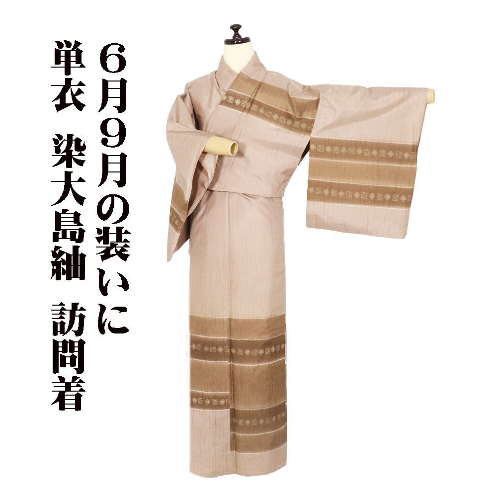 単衣 染大島紬 訪問着 正絹 薄茶 茶色 濃茶 草花 鳥 格子 横縞 SSサイズ ki32234 夏着物 レディース シルク セミフォーマル 送料無料
