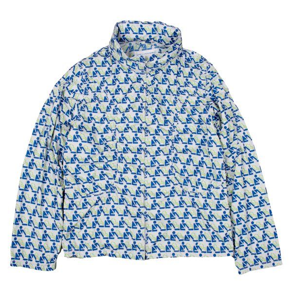 コムデギャルソンシャツCOMME des GARCONS SHIRT ポリフード収納総柄パッカリングジャケット オフ青緑S