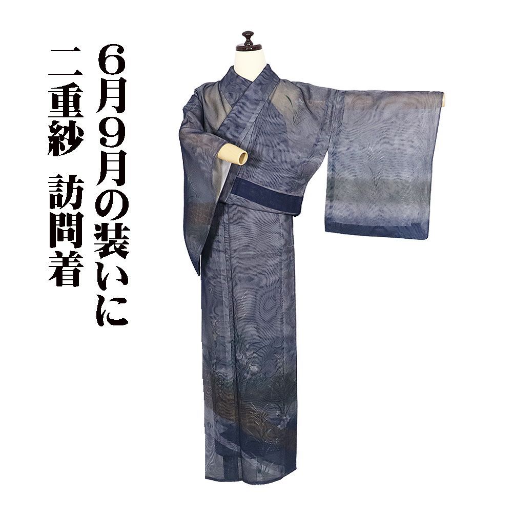 二重紗 訪問着 正絹 紺 薄グレー 薄緑 三段暈し 濡れ描き 桔梗 大王松 Mサイズ ki32243 美品 夏着物 レディース フォーマル 送料無料