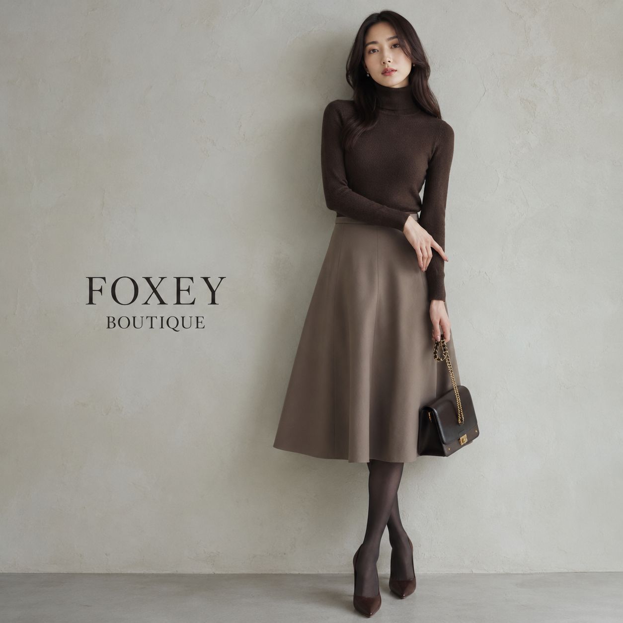 【微細キズあり・極美品】【参考価格82,080円】FOXEY BOUTIQUE 39242 / フォクシーブティック 40「Mサイズ（9号相当）」カフェオレ ウール（毛100％）フレアスカート ドレープ 裏地付【クリーニング済】 お食事会 お出かけ コーデ