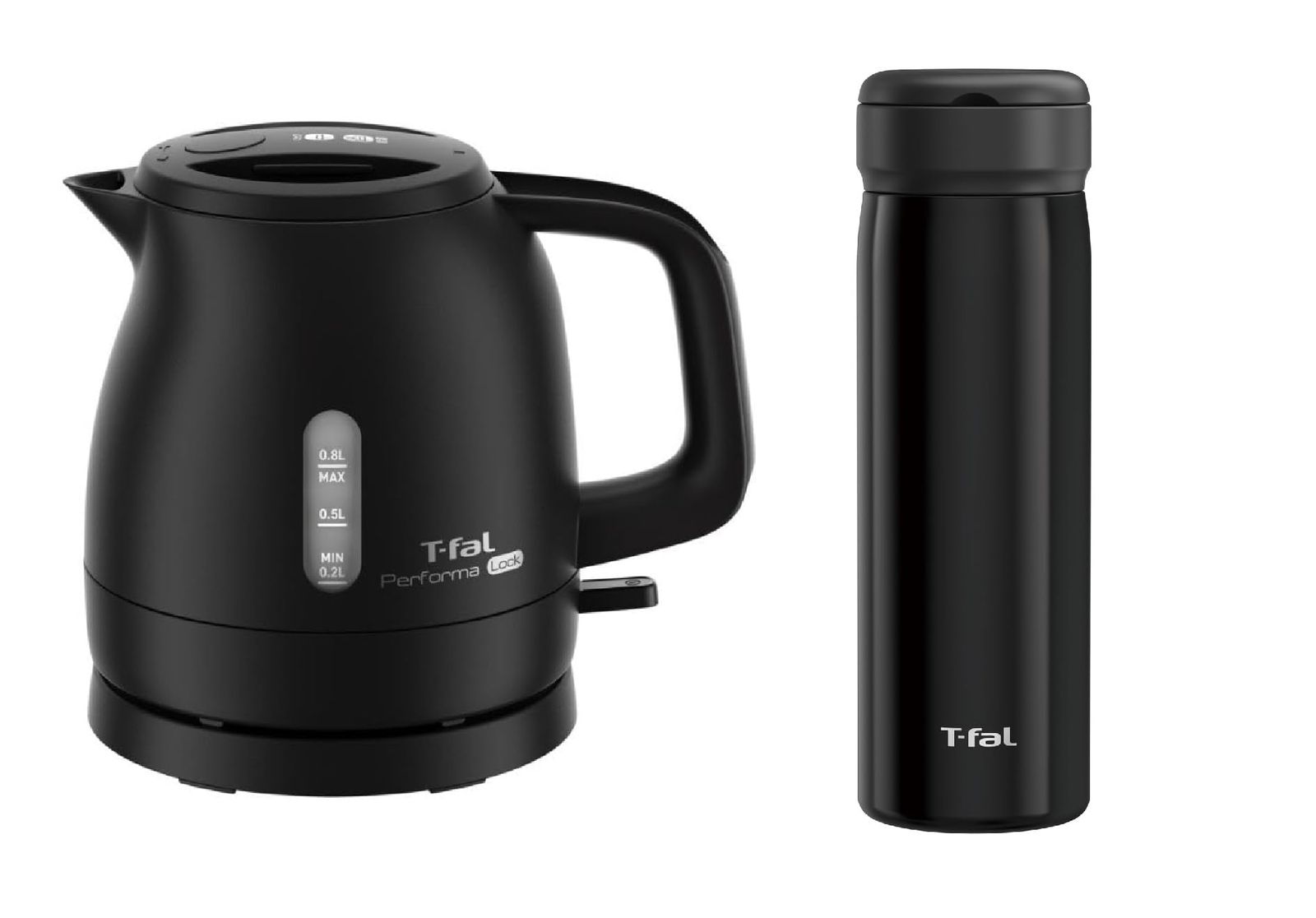新品 【セット買い】ティファール 電気ケトル＆マグボトル【オンライン限定】電気ケトル 0.8L シンプル 転倒お湯もれロック 省スチーム設計 「パフォーマ ロック ブラック」 KO1618JP＋ 水筒 ステンレス 450ml 持ち運びに便利なリング付き 保温