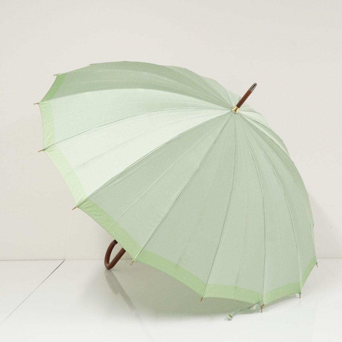 傘 16本骨 前原光榮商店 USED美品 高級 日本製 ライトグリーン ボーダー 多間 55cm S3943