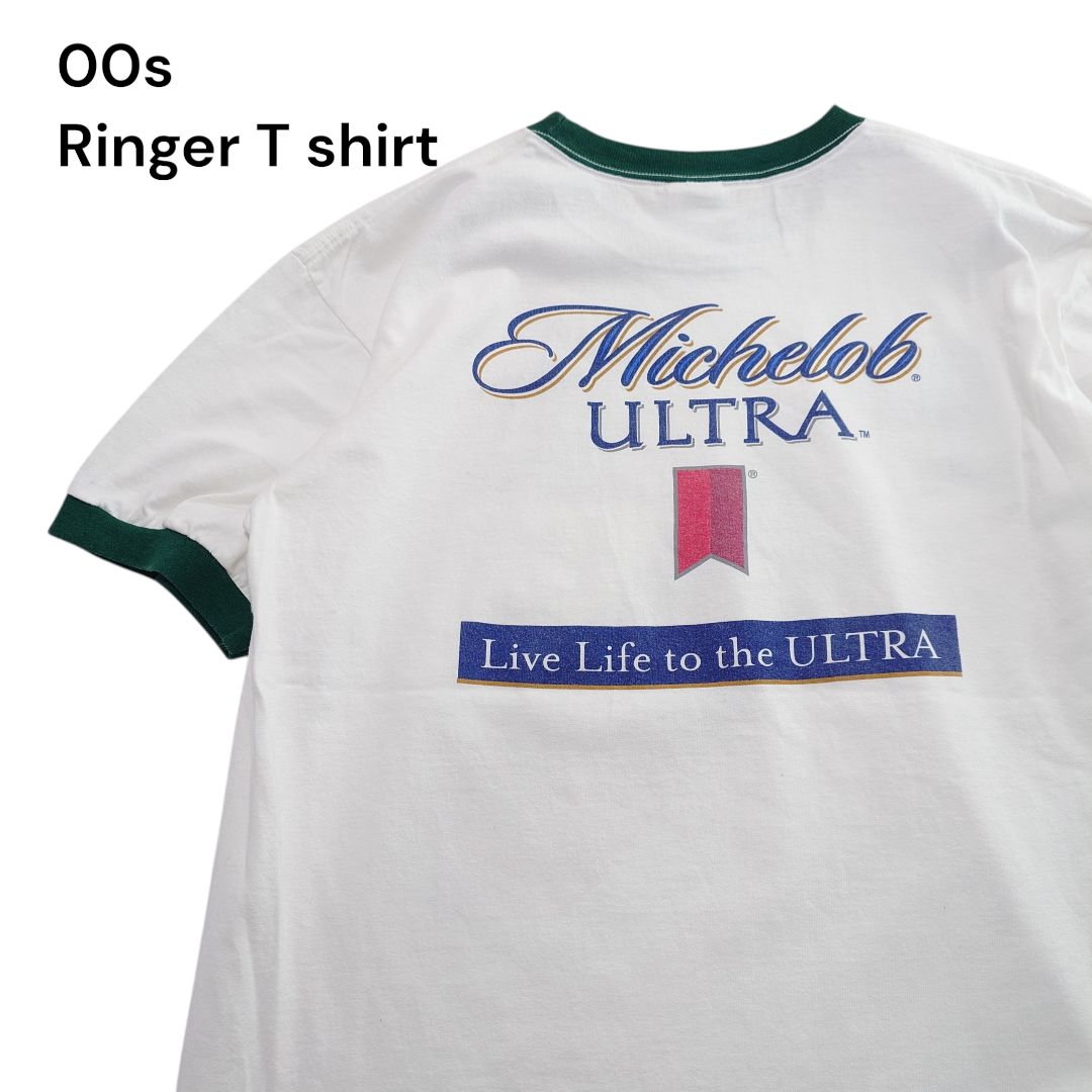 【00s】anvil 古着 リンガーTシャツ 両面プリント ビール Michelob ULTRA ホワイト グリーン 白T