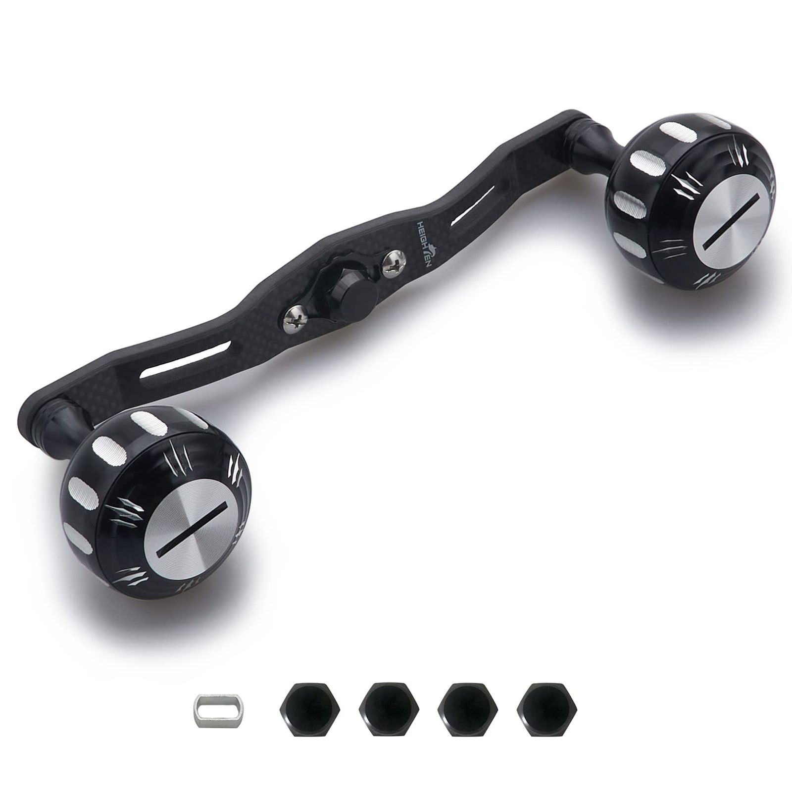 HEIGHTEN 130mm リール ハンドル 厚さ4mm 1.5K炭布 カーボン 35mmノブ搭載 シマノ(SHIMANO) ダイワ(DAIWA) アブ(Abu) 通用 ベイトリール 用 Hammer Series (130mm, ブラック＆シルバ ...