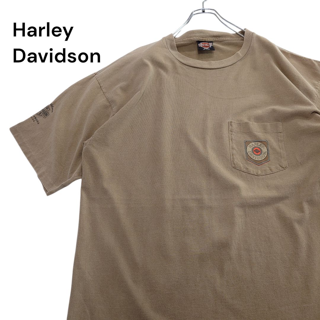【90s・USA製】Harley Davidson ハーレーダビッドソン ポケット付き Tシャツ 古着 フェード シングルステッチ ベージュ ヴィンテージ 大きめ