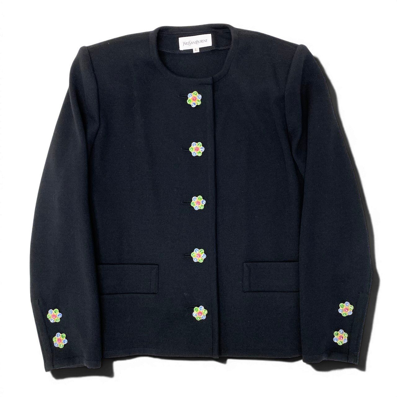 Ee26 YVES SAINT LAURENT イヴサンローラン ビジューボタン ノーカラー 