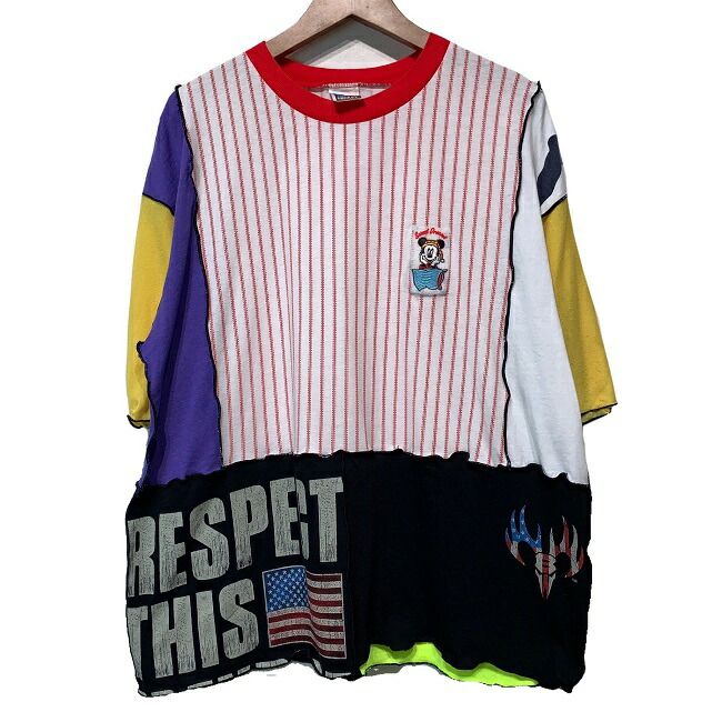 【中古】 Remake メロウ加工トップス 半袖 Tシャツ 切替 クルーネック 再構築 古着 /5954
