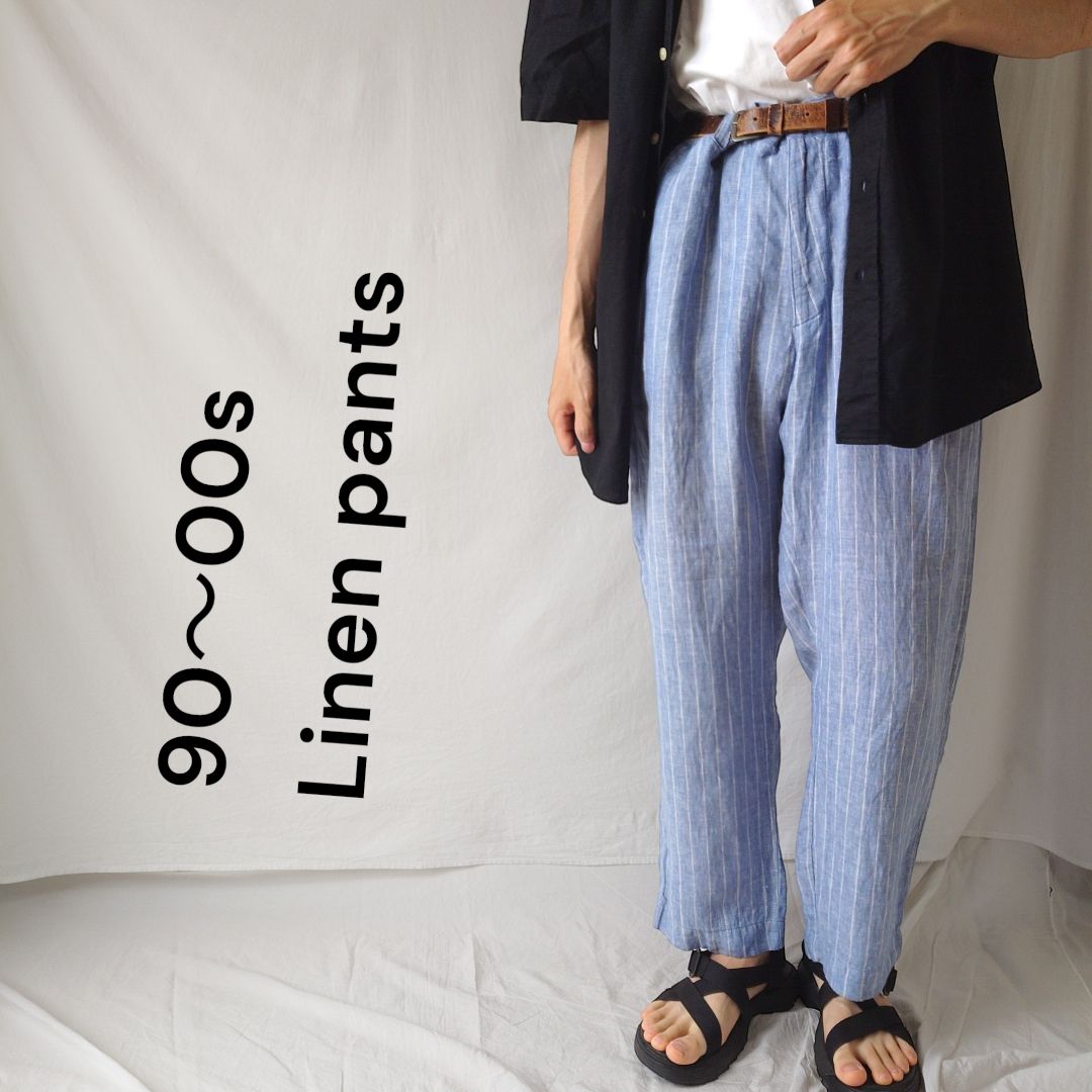 【90～00s】古着 リネンパンツ ストライプ ライトブルー 夏 スラックス 6,286円