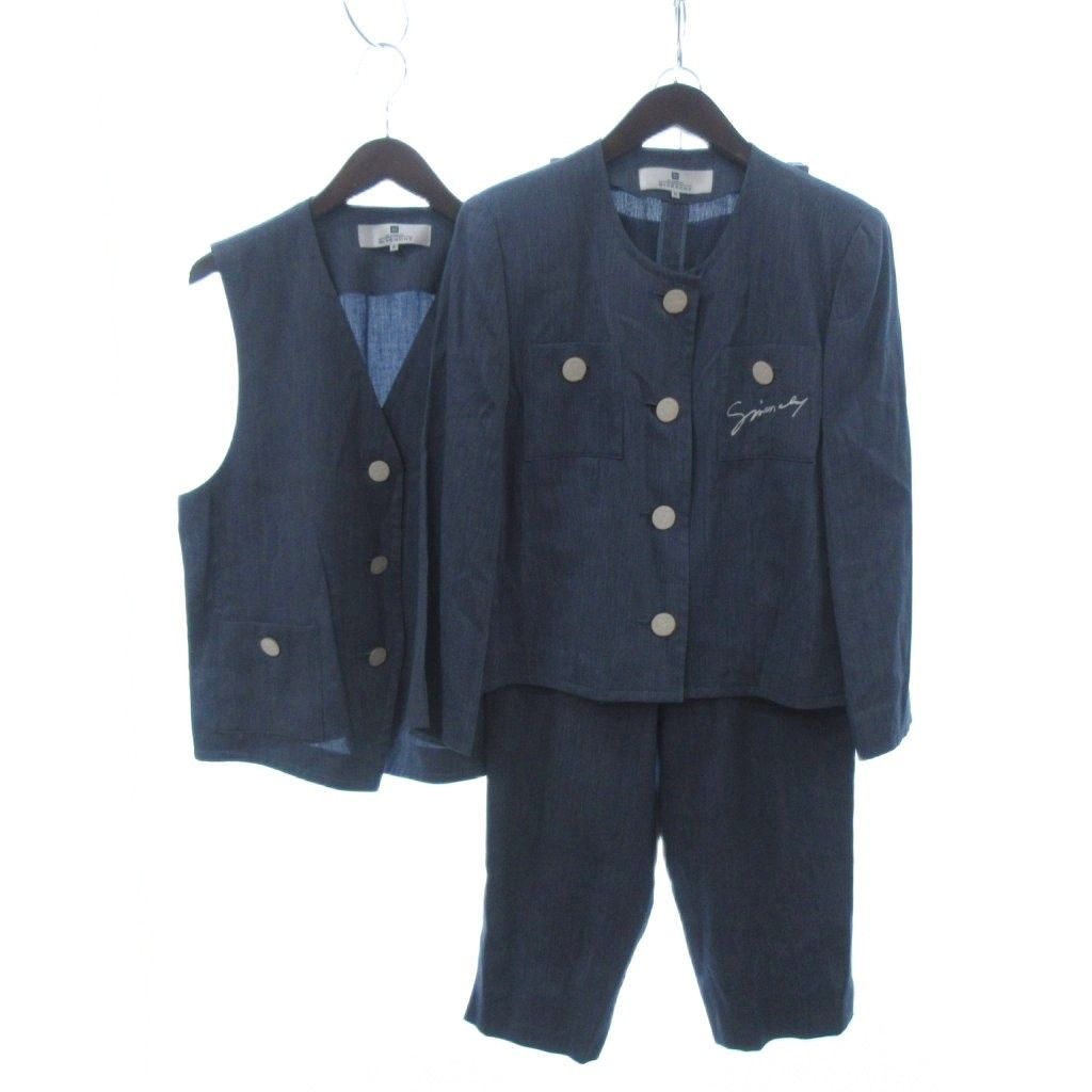 ジバンシィ GIVENCHY GLAMOUR ヴィンテージ 3ピース セットアップ ノーカラージャケット ベスト ジレ パンツ リネン混 紺 ネイビー 13 15