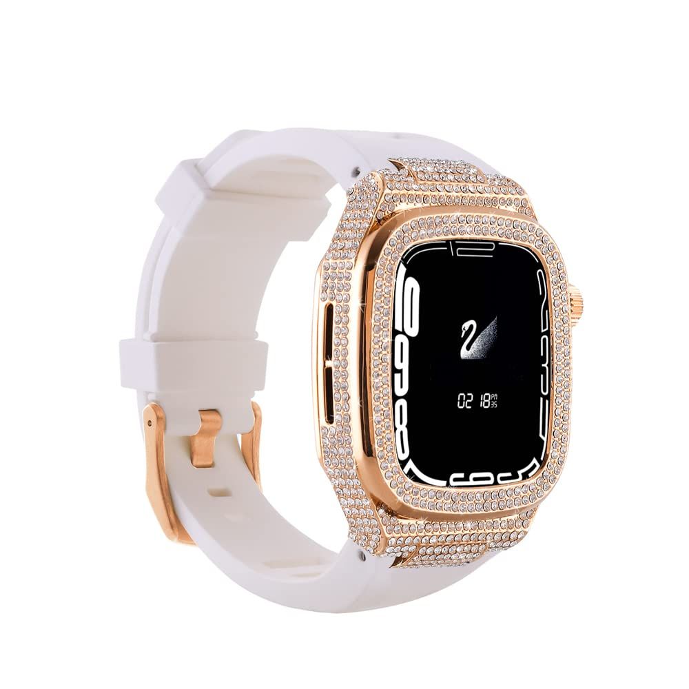 新品 ステンレススチール ストロングアーマー ウォッチケース + キラキラダイヤモンド + シリコンバンド Apple Watch 44mm 45mm用 (ホワイト + ローズゴールド)