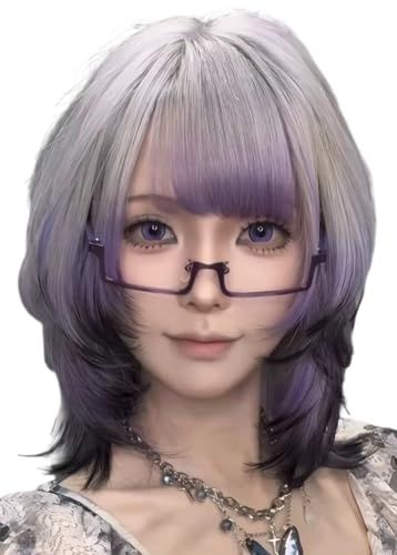 ウィッグ ウルフカット セミロング ストレート 紫 灰 グラデーション ミディアム ウィッグ レディース かつら カーリーヘア ロリータ 原宿メッシュ イメチェン 小顔 自然 耐熱 日常 (パープル グレー グラデーション ぱっつん前髪)pm 0cce5789