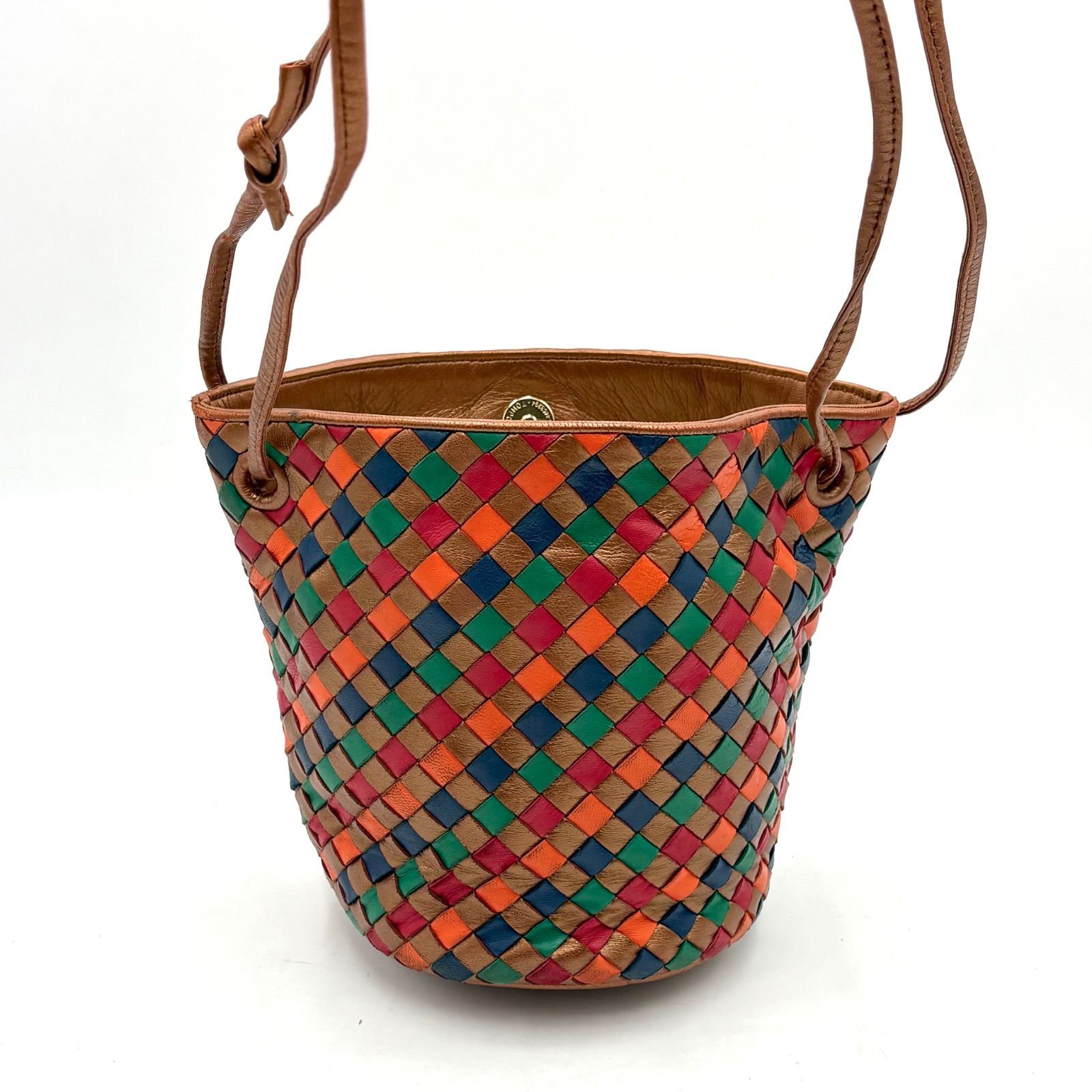 美品◎BOTTEGA VENETA ボッテガヴェネタ マルチカラー イントレチャート バケット レザー ショルダーバッグ レディース
