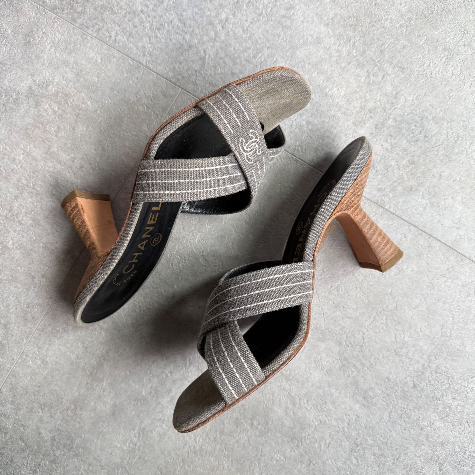 CHANEL シャネル ココマーク デニムサンダル ミュール ステッチ 34 1/2