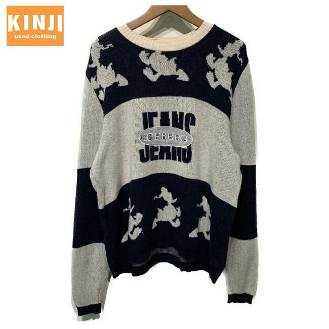 【中古】 ICEBERG セーター ニット トップス クルーネック ウール ナイロン キャラクター ディズニー ドナルドダック バイカラー イタリア製 古着 /1156