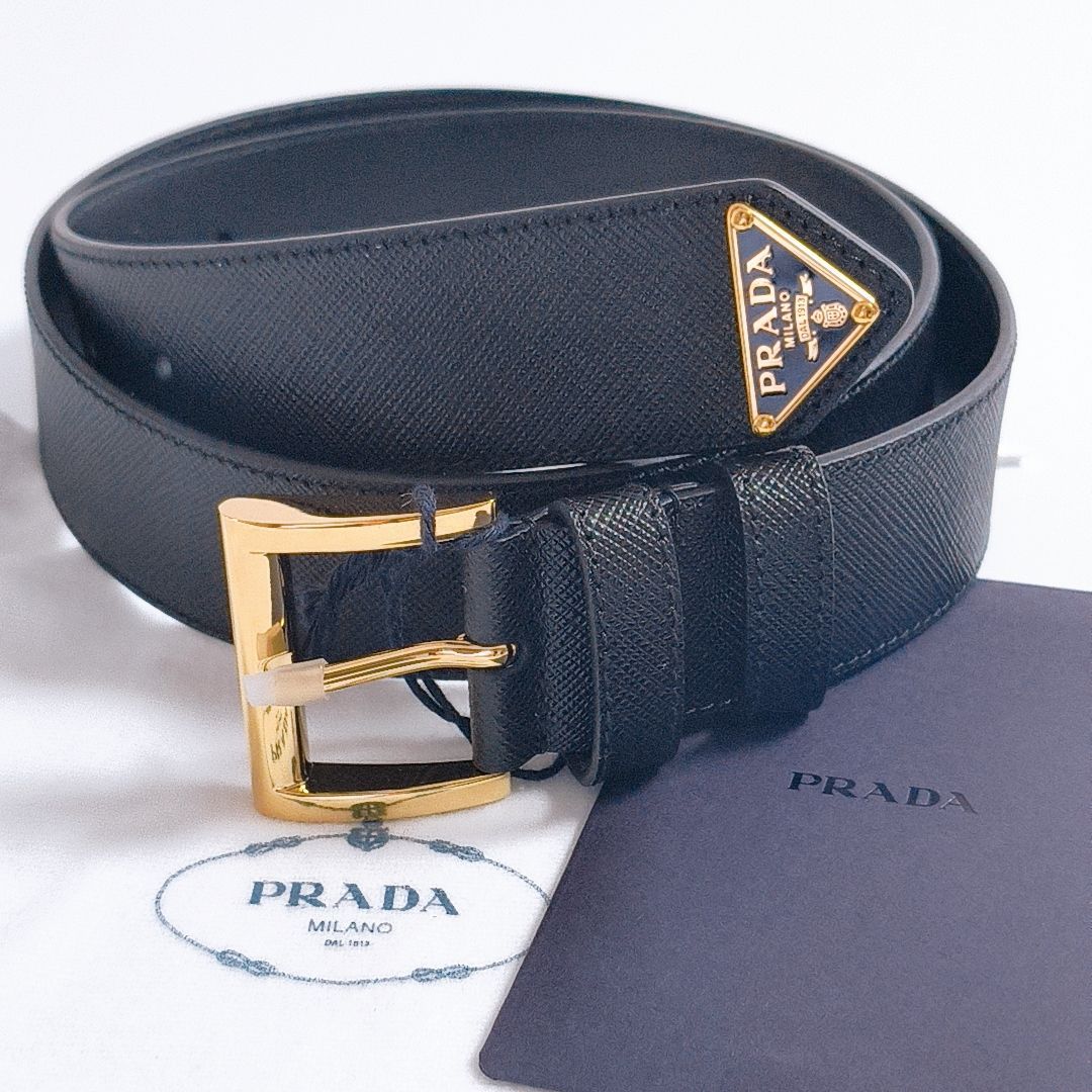 【新品未使用・ヨーロッパ輸入品】PRADA サフィアーノ レザーベルト ブラック ゴールド プラダ ユニセックス(メンズ・レディース)