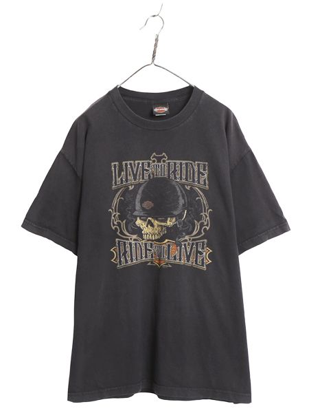 ハーレー ダビッドソン 両面 プリント Tシャツ メンズ XL 古着 オフィシャル バイク スカル イラスト アート グラフィック 黒 大きいサイズ