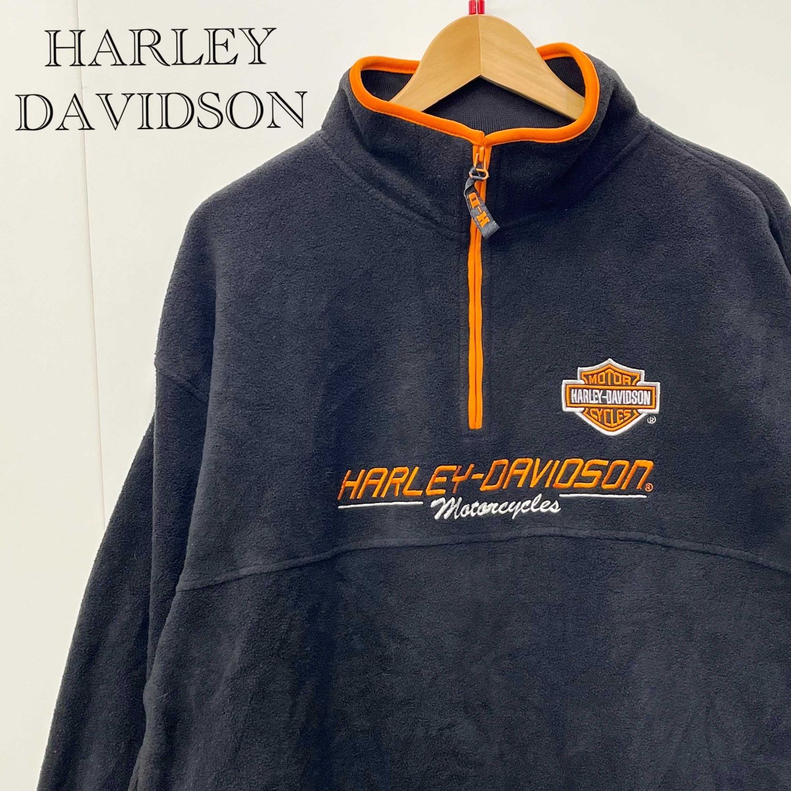 HARLEY-DAVIDSON ハーレー ダビッドソン ハーフジップ フリース 刺繍 ロゴ Lサイズ ブラック 黒 オレンジ 長袖 メンズ _208023