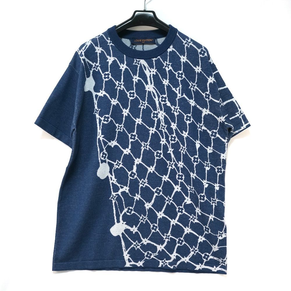LOUIS VUITTON ルイヴィトン モノグラム フィッシュネット ショートスリーブ クルーネック 半袖ニット ネイビー M Lサイズ RM242MM AUR HRN16W