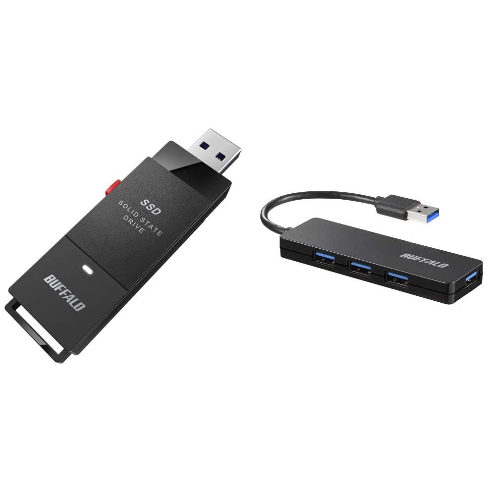 新品 バッファロー SSD 外付け 500GB 小型 コンパクト ポータブル PS5/PS4対応(メーカー動作確認済) USB3.2Gen1 ブラック SSD-PUT500U3-B/N＋USB ハブ PS4対応 USB3.0 バスパワー 4ポート ブラック ス