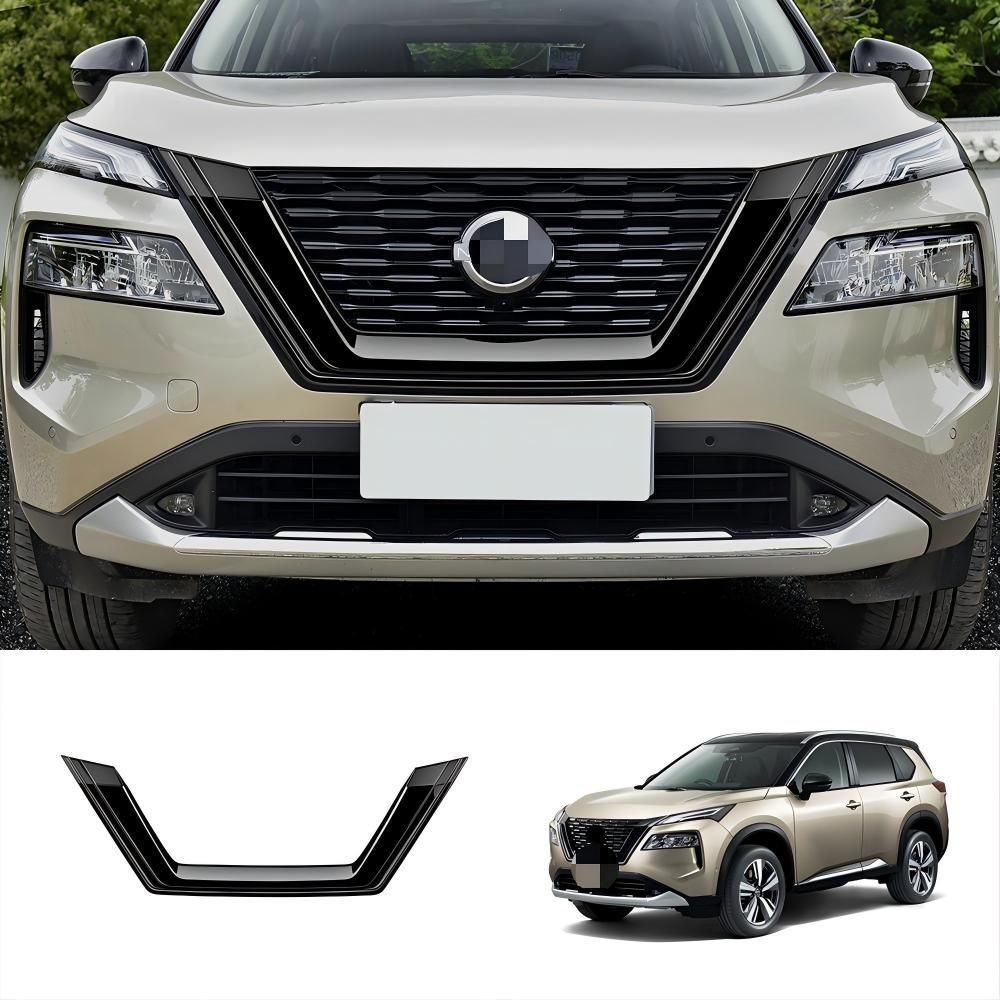 日産 NISSAN エクストレイル X-TRAIL 2021モデル対応 フロントグリルガーニッシュ グロスブラック ABS 1枚入り 外装モール 装飾カバー 傷防止 擦れ対策 耐摩耗 ボディ保護 粘着テープ取付 位置合わせ簡単 専用設計 フロント周り上品仕上げ