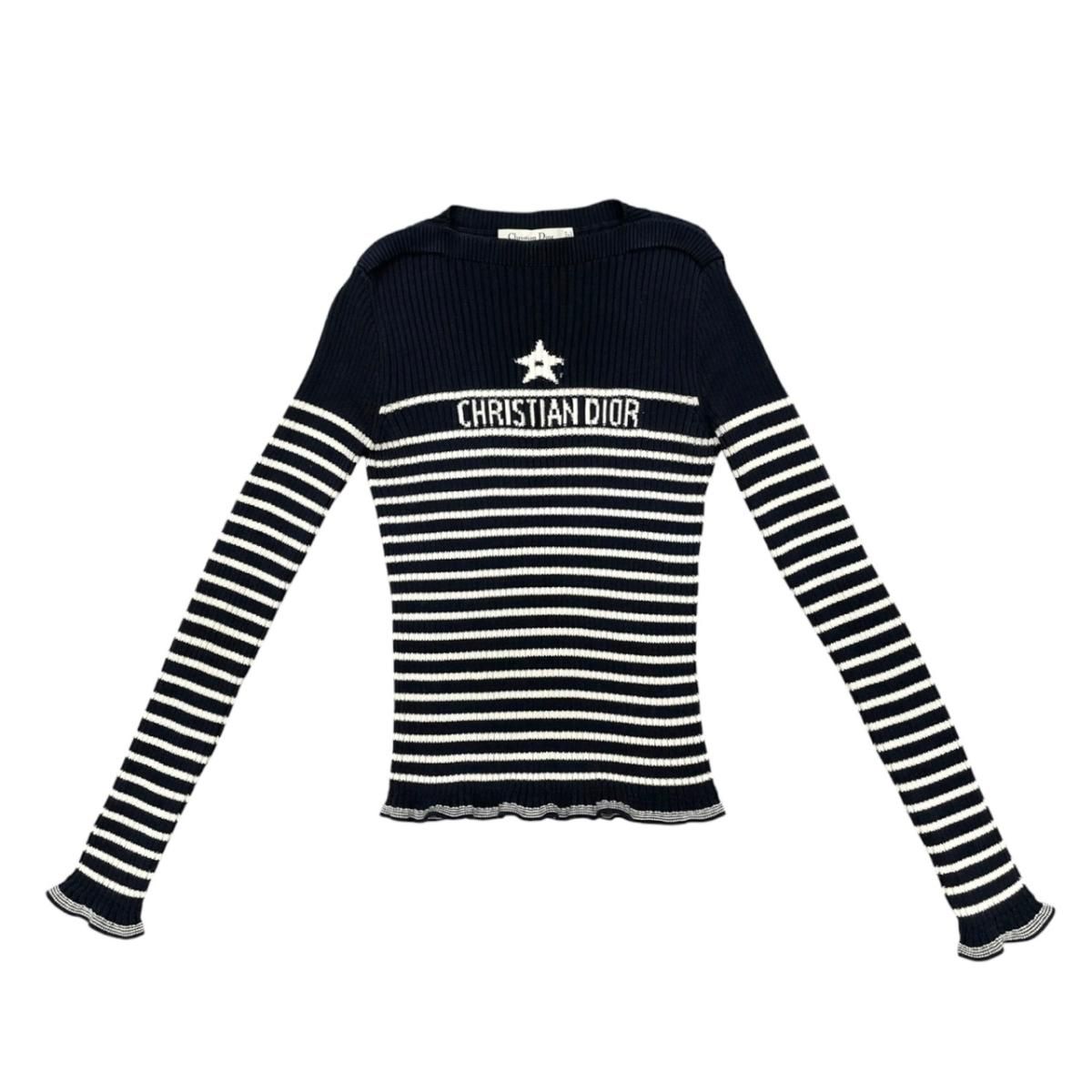 ☆クリスチャンディオール セーター スターロゴ ボーダー ニット 314S59AM713 40サイズ コットン ネイビー ホワイト CHRISTIAN DIOR