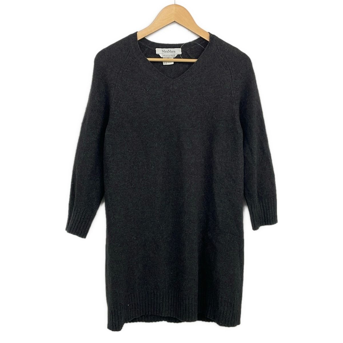 Max Mara(マックスマーラ) ワンピース サイズM レディース美品 - ダークグレー Vネック/長袖/ひざ丈/アンゴラ混/ニット