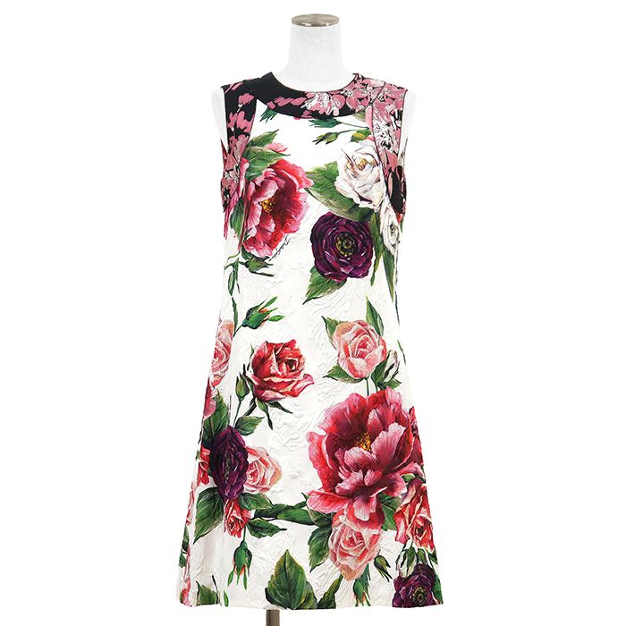 【新品同様】DOLCE&GABBANA ドルチェアンドガッバーナ ワンピース サイズ 40 レディース フローラル 総柄 メタリック ジャガード ノースリーブ ドレス マルチカラー イタリア製