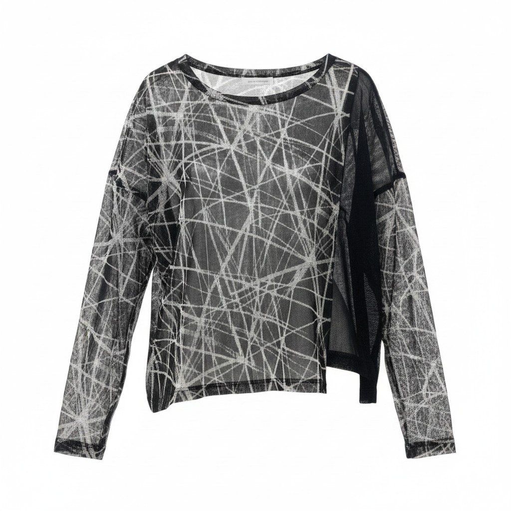 Ae26 【美品】 Y's ワイズ YOHJI YAMAMOTO ヨウジヤマモト アシンメトリー シアーメッシュ カットソー YN-T01-959 サイズ2 ブラック ポリエステル100％ レディース 女性服u02t